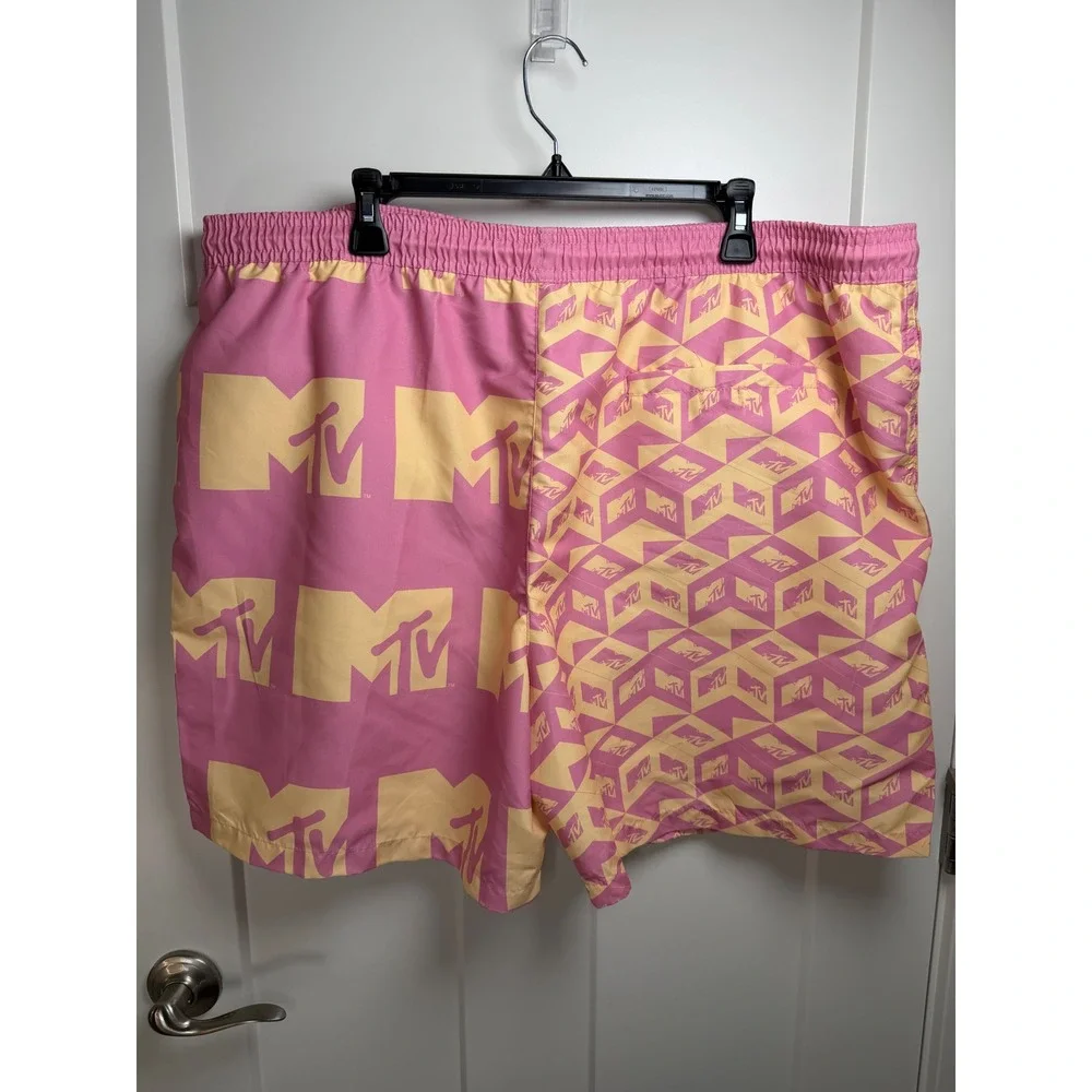 MTV Mens Pink Yellow Logo Print Swim Trunks Board Shorts XXL Retro 2024 Y2K